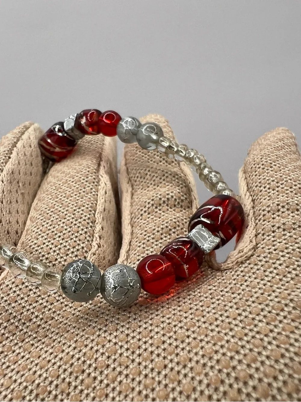 Handmade Red & Silver Glass Beaded Elastic Statement Bracelet